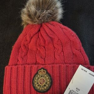 NWT Ralph Lauren Red Cable Knit Beanie with Fur Pom